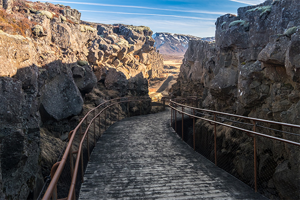 Walking down through Thingvellir National Park